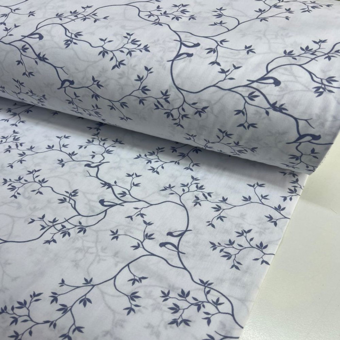 Beyaz Zemine İndigo Desen Poplin Kumaş