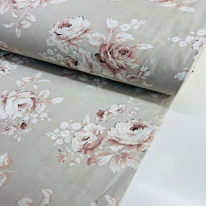 Bej Gül Desen Poplin Kumaş