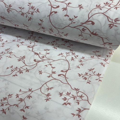 Beyaza Kiremit Dallı Desenli Poplin Kumaş