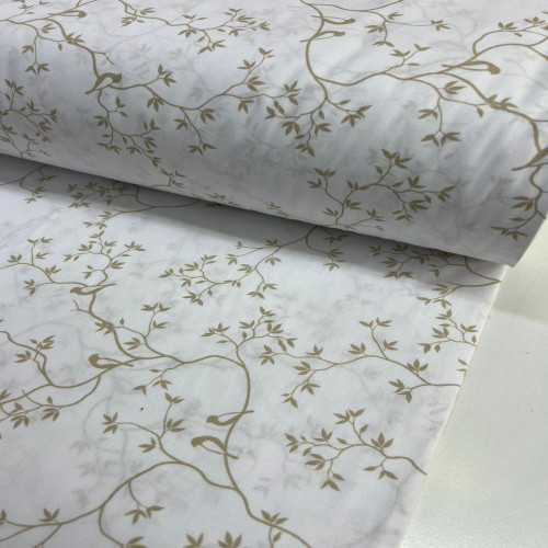 Beyaza Sarı Dallı Desenli Poplin Kumaş
