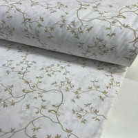 Beyaza Sarı Dallı Desenli Poplin Kumaş