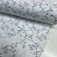 Beyaza İndigo Dallı Desenli Poplin Kumaş